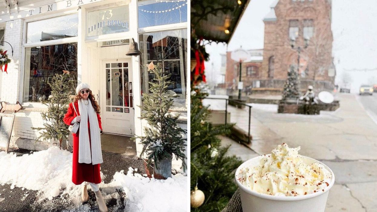 A person standing outside a shop in the winter. Right: A drink with whipped cream.