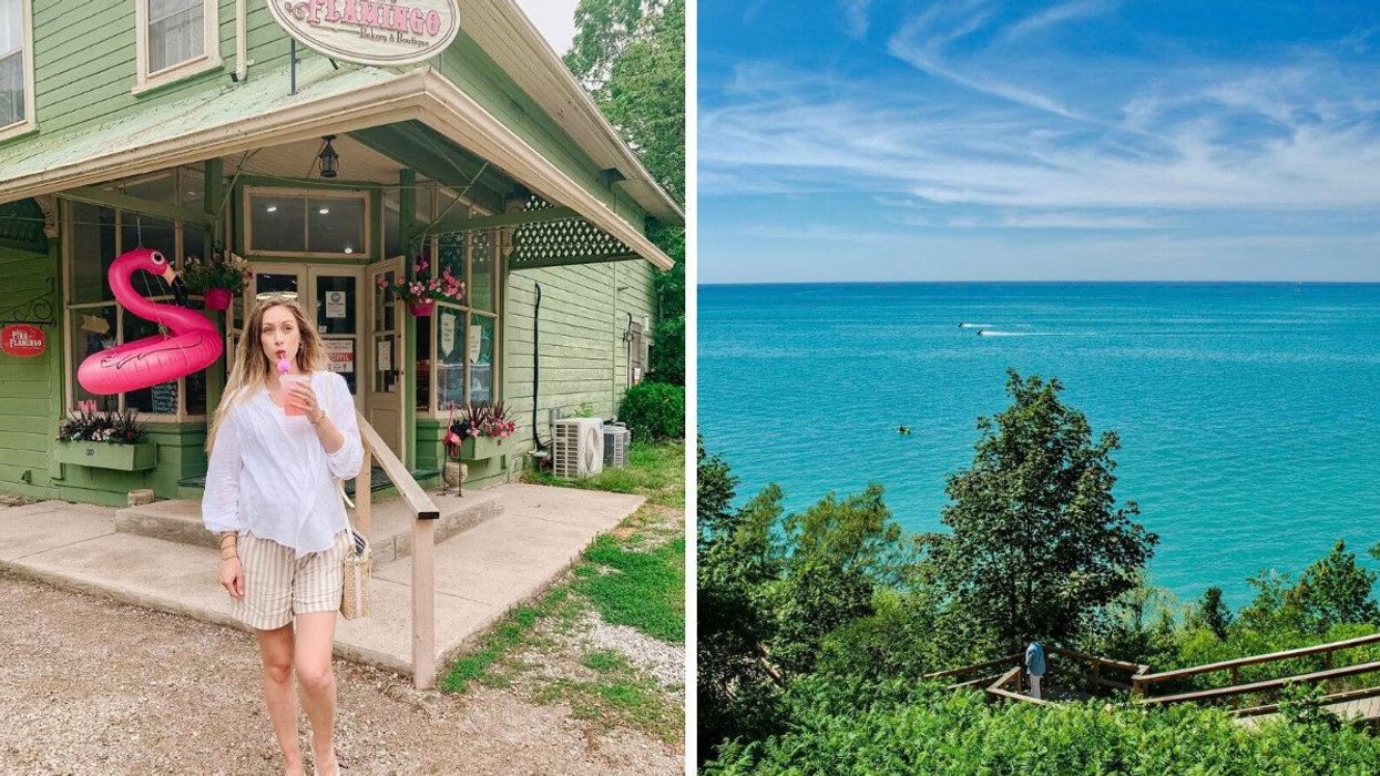 A person standing outside a shop. Right: A staircase to a beach.