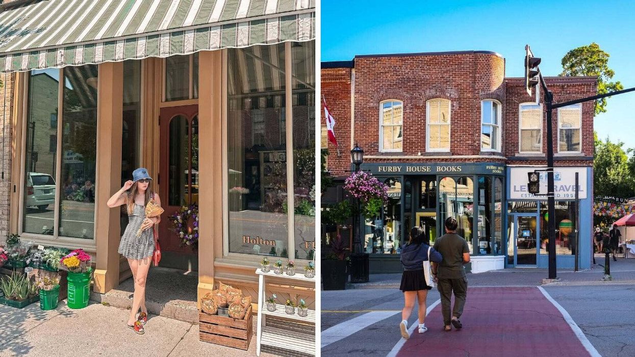 A person standing outside a shop. Right: Two people walking across a road.