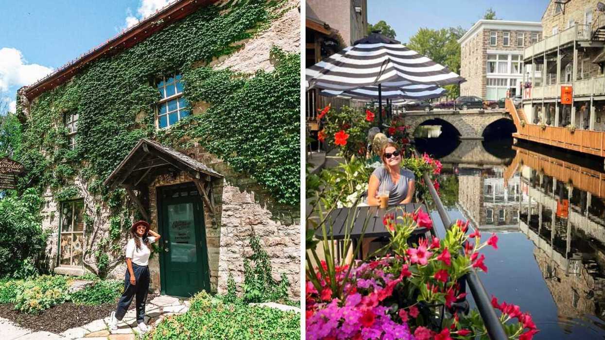 A person standing outside a stone building. Right: A person sitting on a patio by a canal.