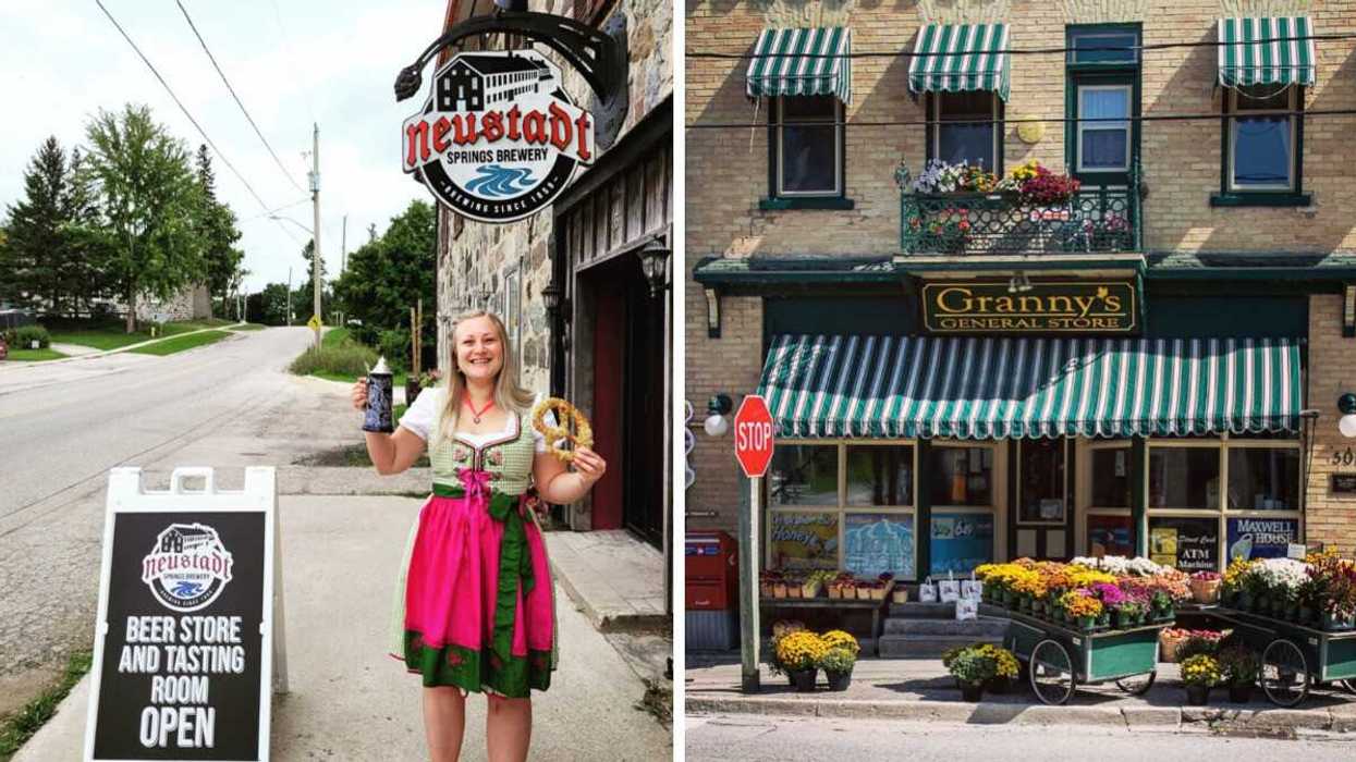 A person standing outside a stone building. Right: A storefront with flowers.