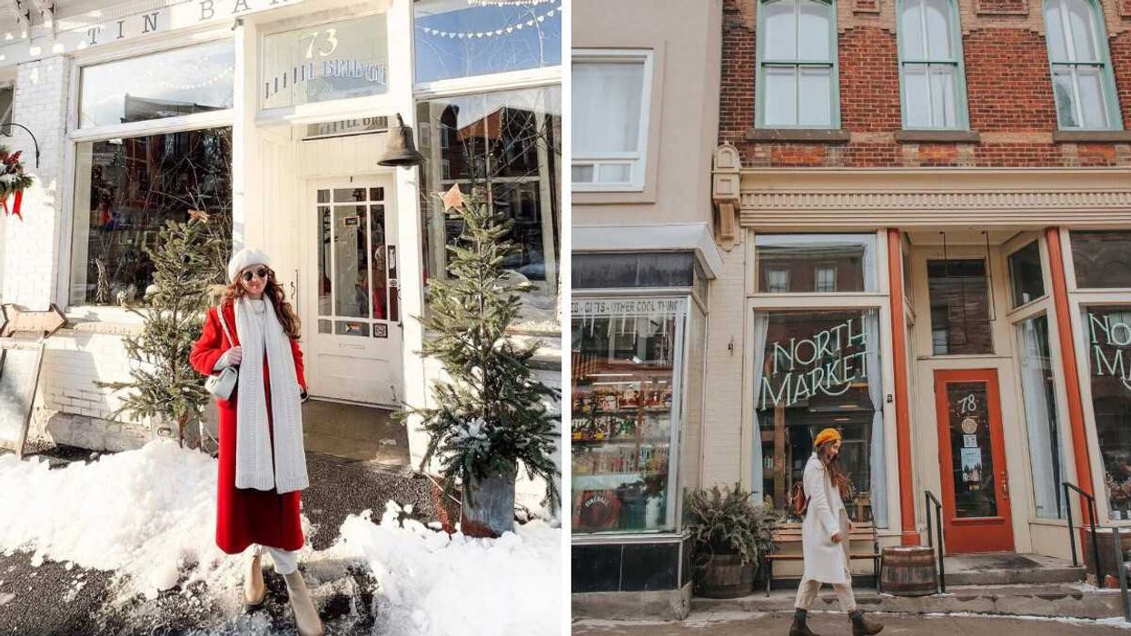A person standing outside a store in the winter. Right: A person walking down a street.