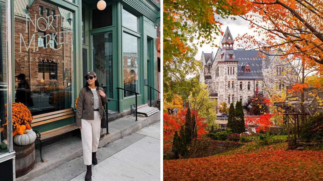 A person standing outside a store. Right: A building surrounded by fall colours.