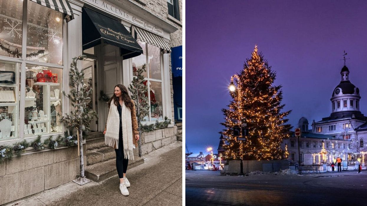 A person standing outside a store. Right: A Christmas tree in a town square.