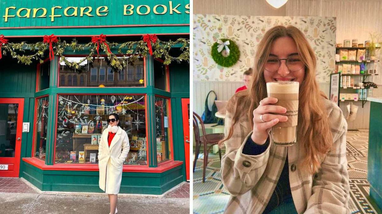 A person standing outside a store. Right: A person drinking coffee.