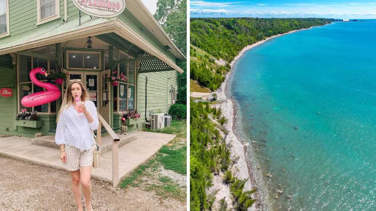 A person standing outside a store. Right: A shoreline with turquoise water.