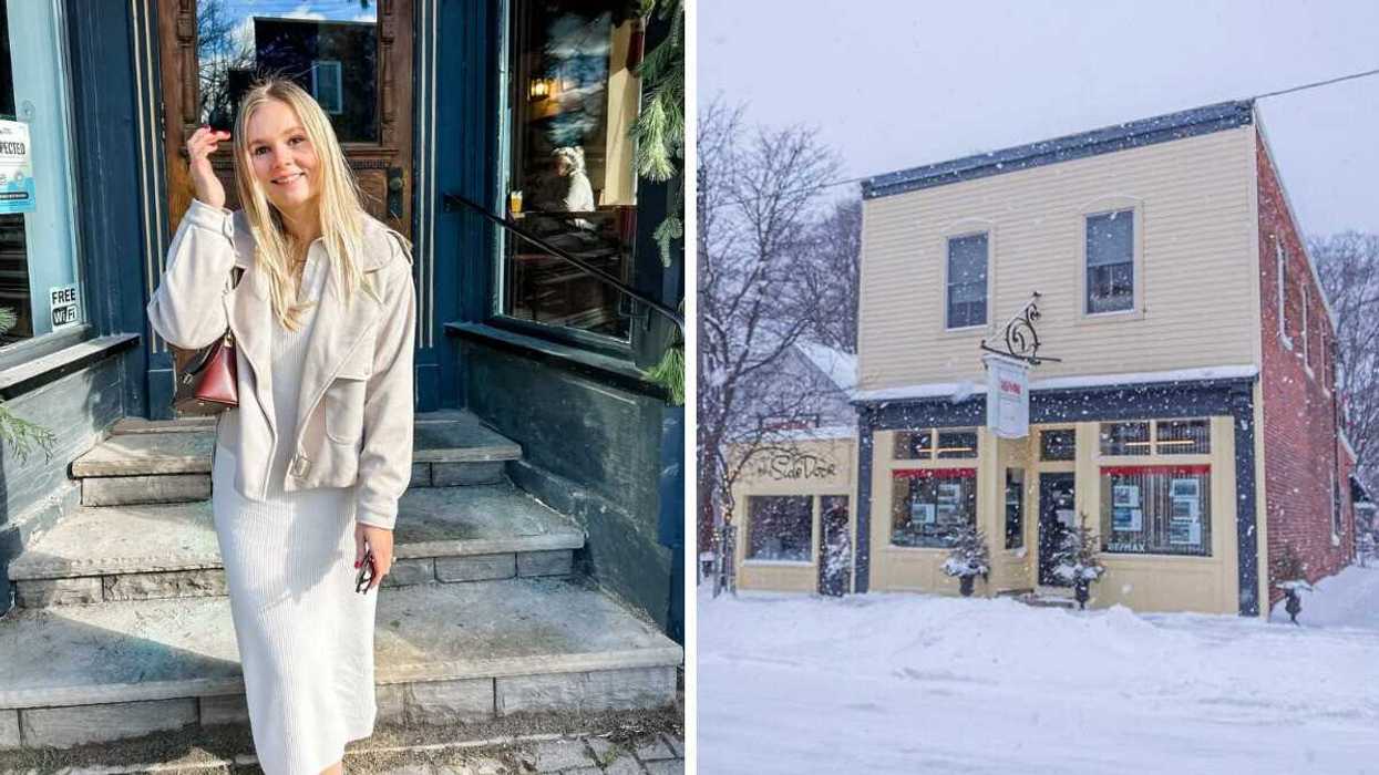 A person standing outside a store. Right: A store in the snow.