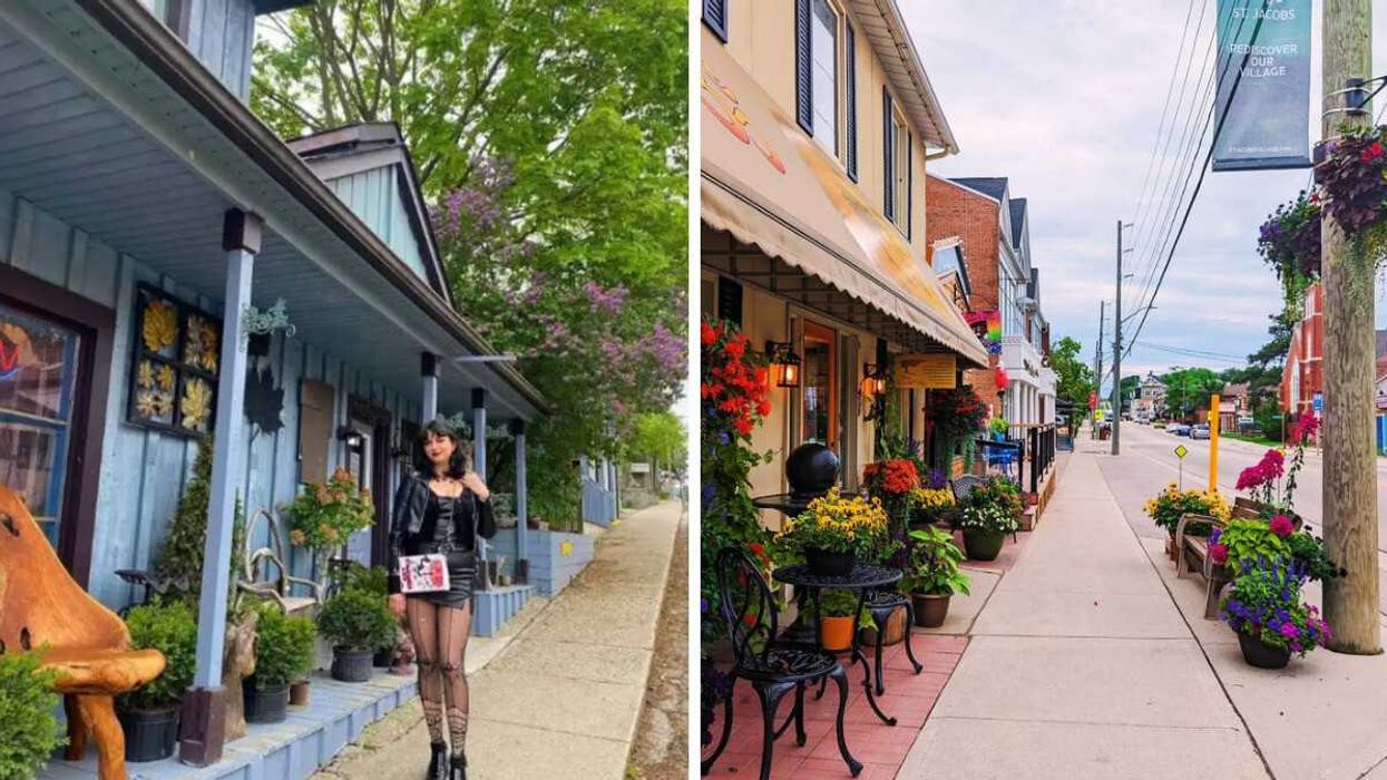 A person standing outside a store. Right: A street with flowers.
