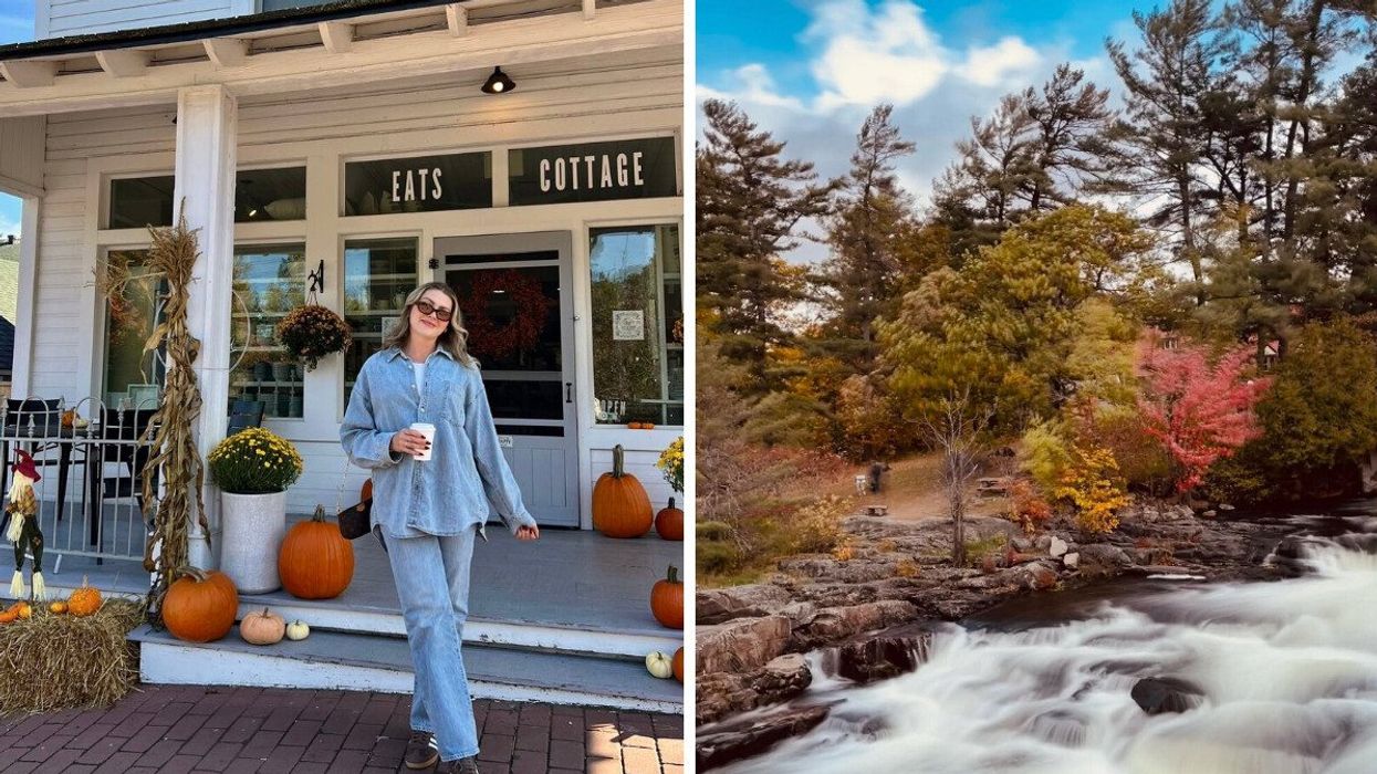 A person standing outside a store. Right: A waterfall.