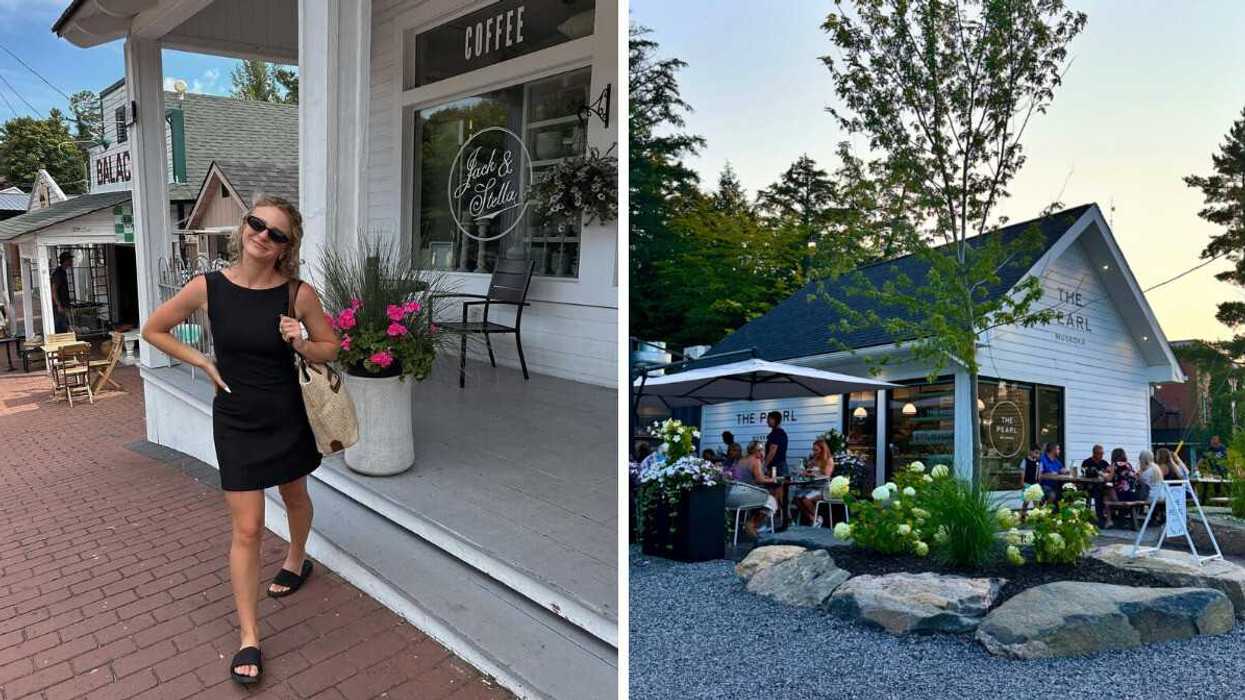 A person standing outside a store. Right: A white building with a patio.