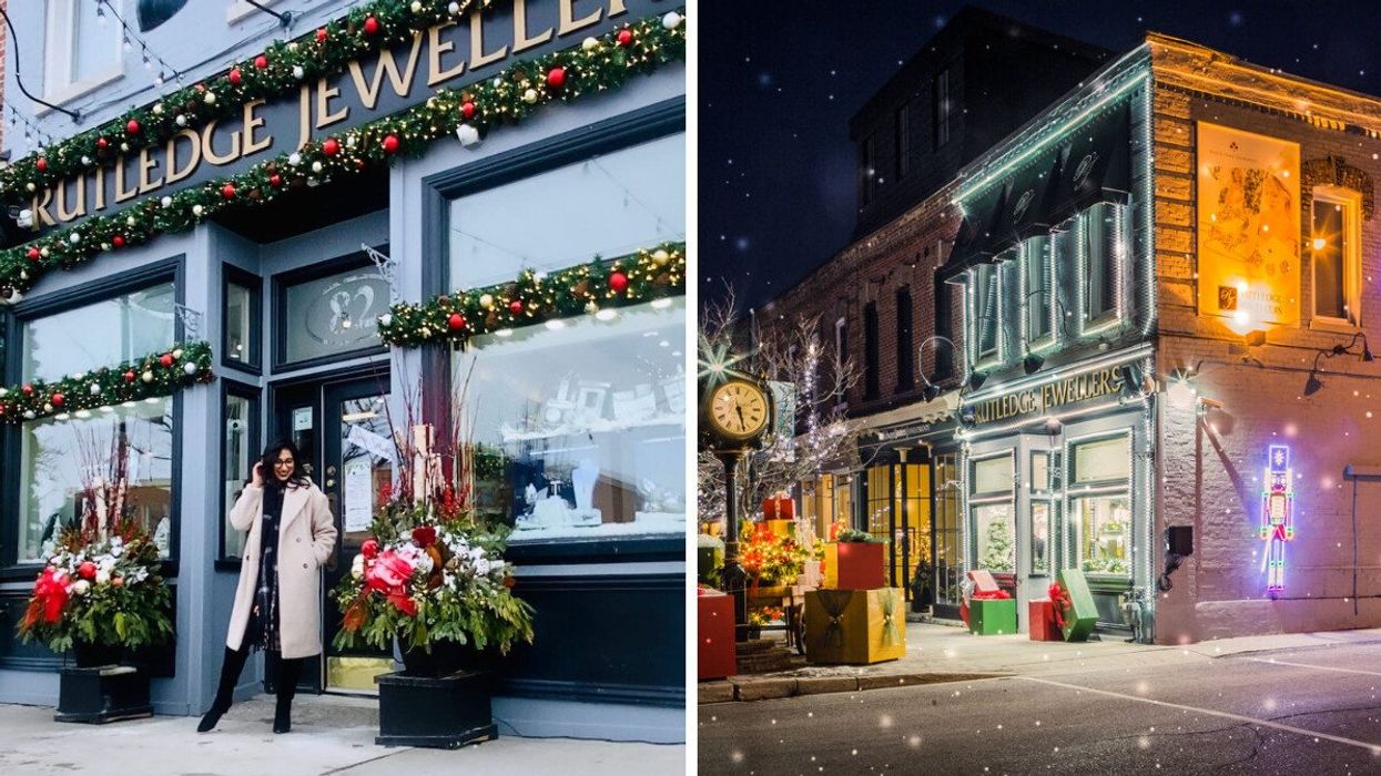 A person standing outside a store with Christmas decor. Right: A town with Christmas decor.