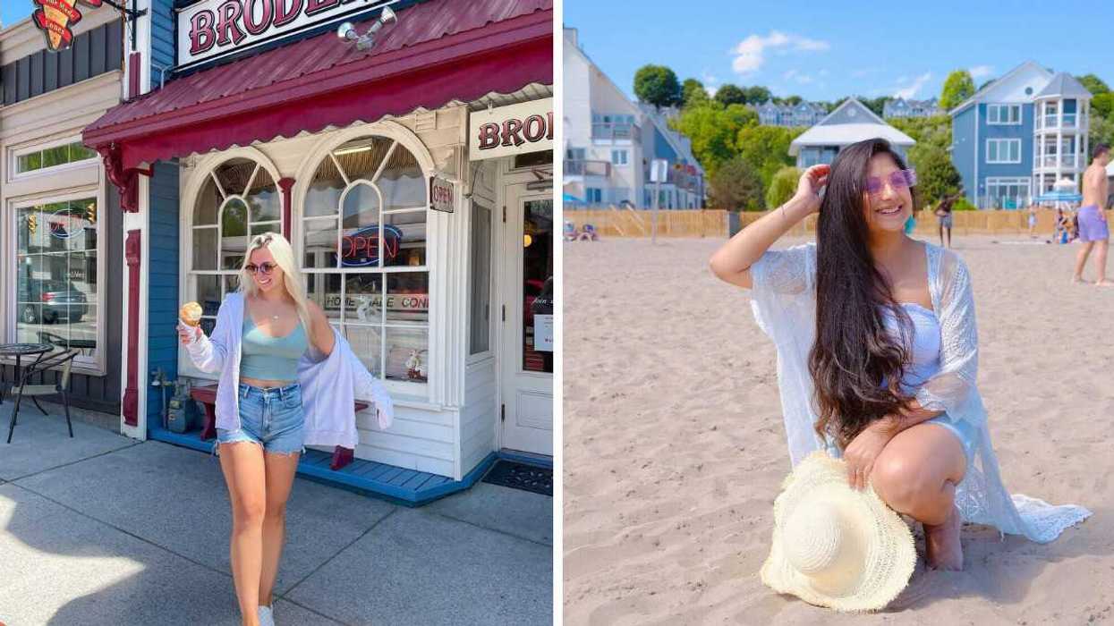 A person standing outside a store with ice cream. Right: A person on a sandy beach.