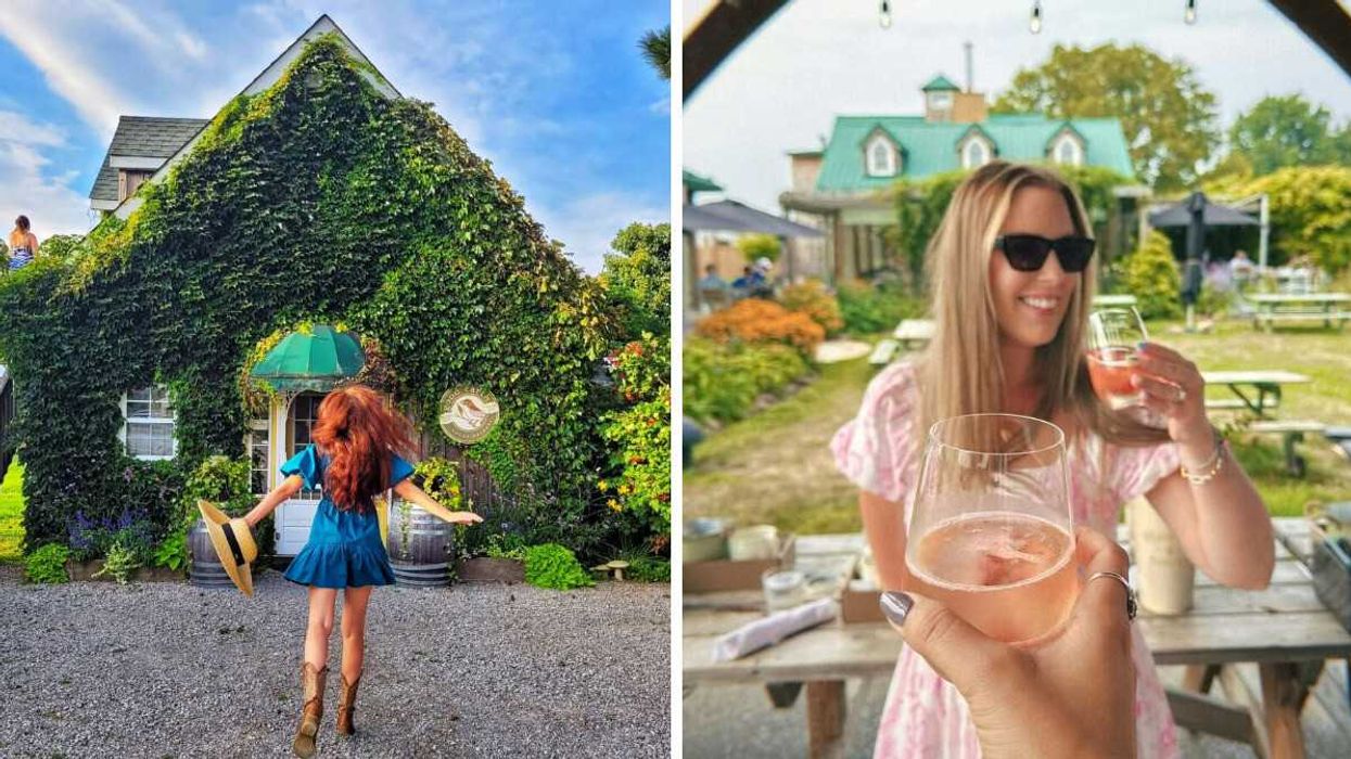 A person standing outside a vine-covered building. Right: A person drinking wine.