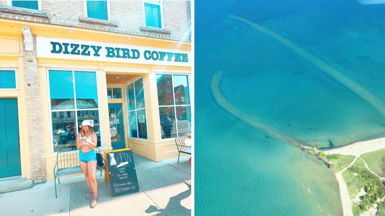 A person standing outside a yellow store. Right: An aerial view of a beach.