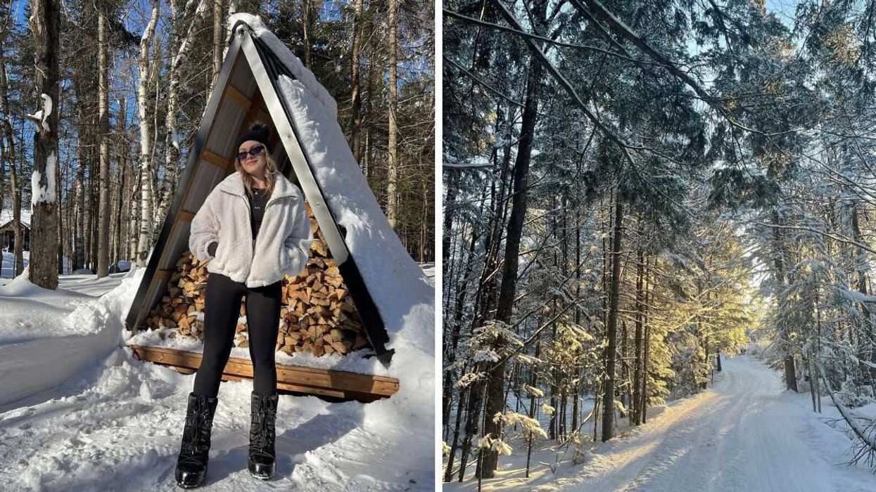 A person standing outside an A-frame. Right: A snowy forest.