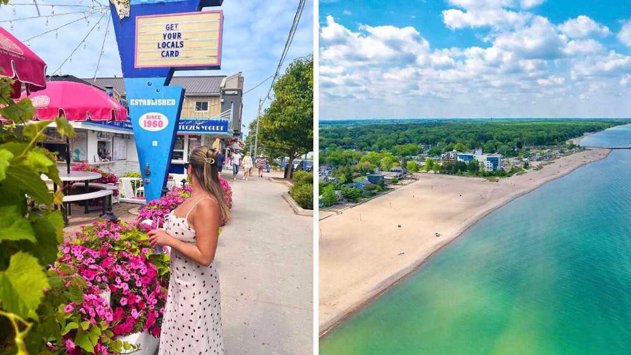 A person standing outside an ice cream shop. Right: A beach.