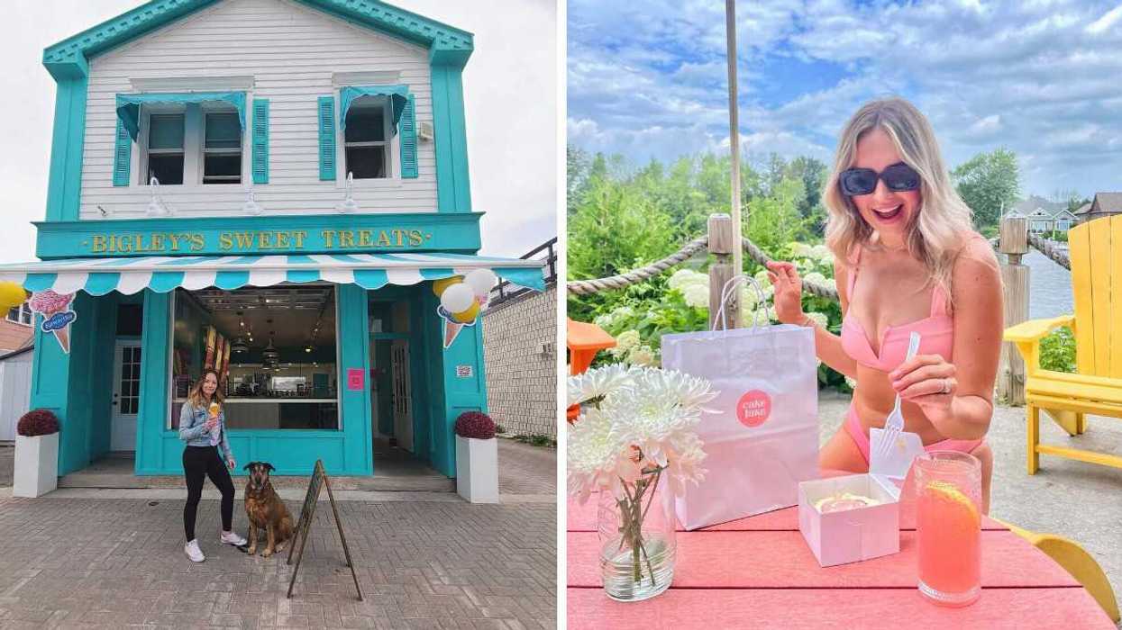 A person standing outside an ice cream shop. Right: A person sitting at a patio.