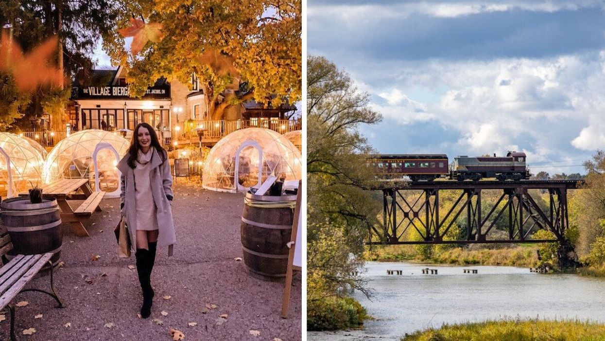 A person standing outside dining domes. Right: A train crossing over a bridge.