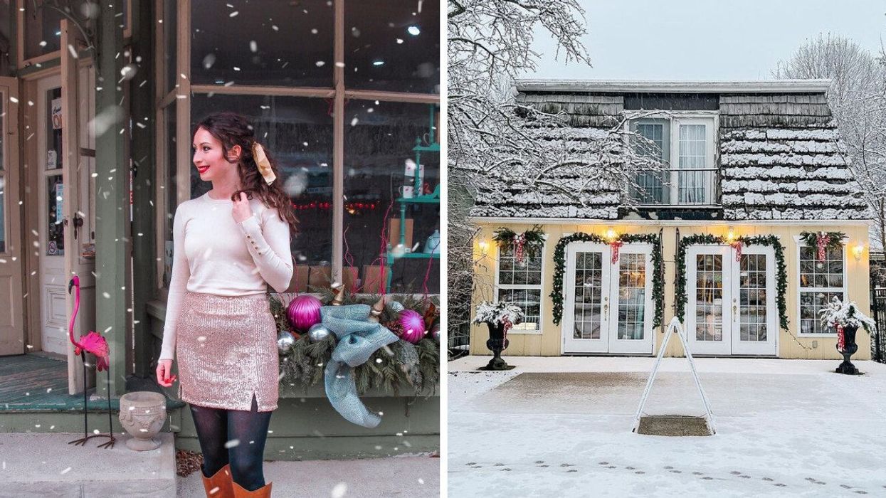 A person standing outside in the winter. Right: A store during the winter.