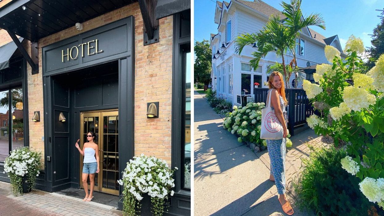 A person standing outside of a hotel. Right: A person standing on a street.