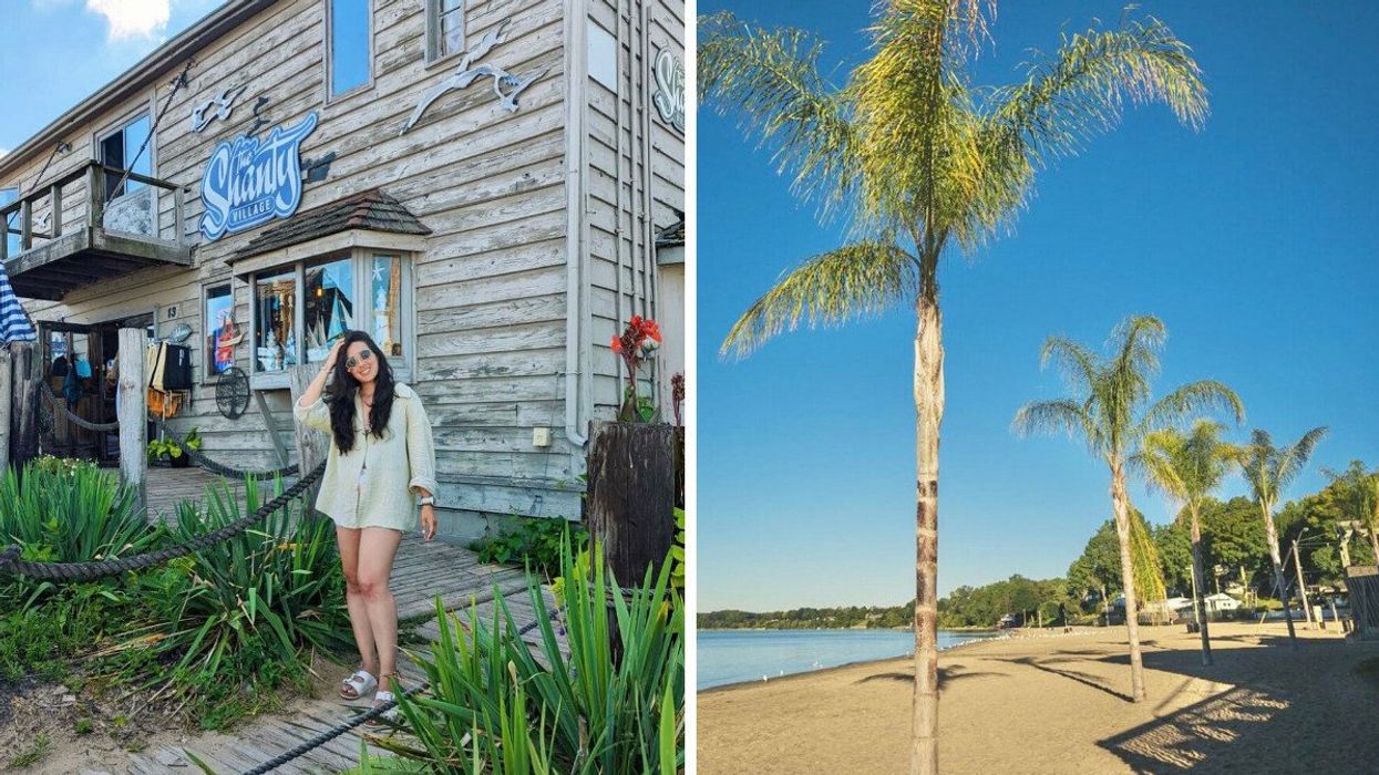 A person standing outside of a shop. Right: A sandy beach with palm trees.