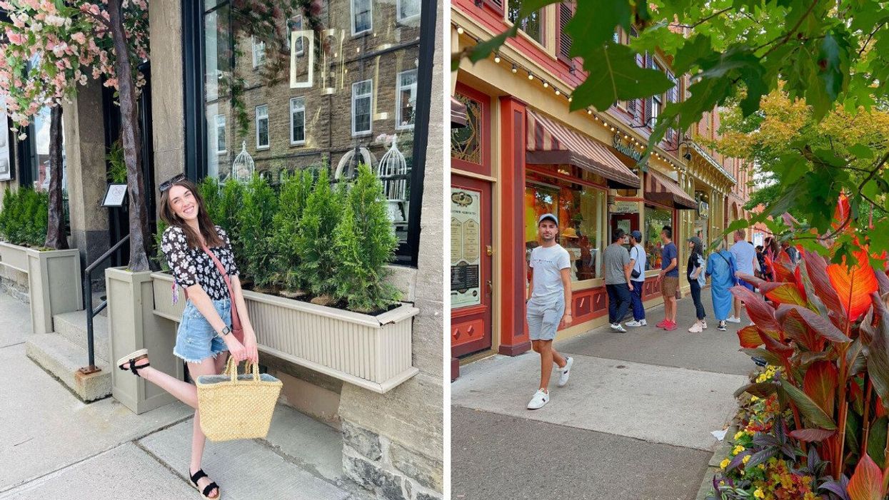 A person standing outside of a store. Right: A historic street.