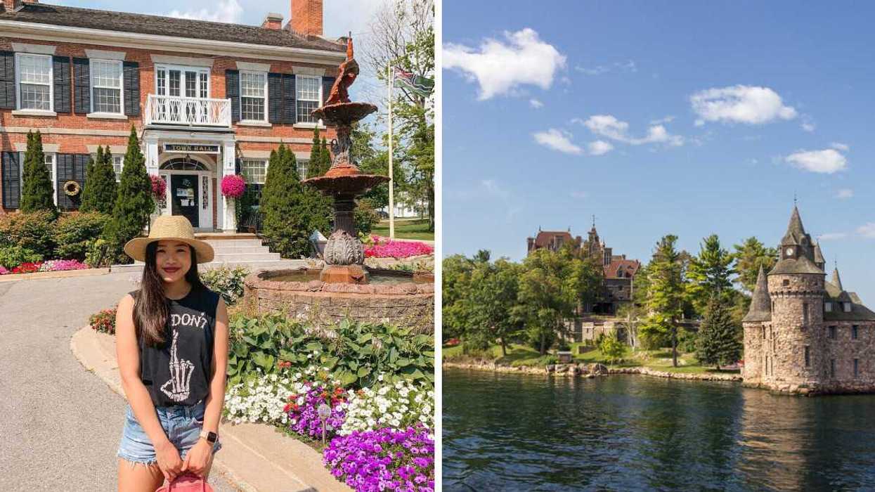 A person standing outsidef a historic building. Right: A castle on an island.
