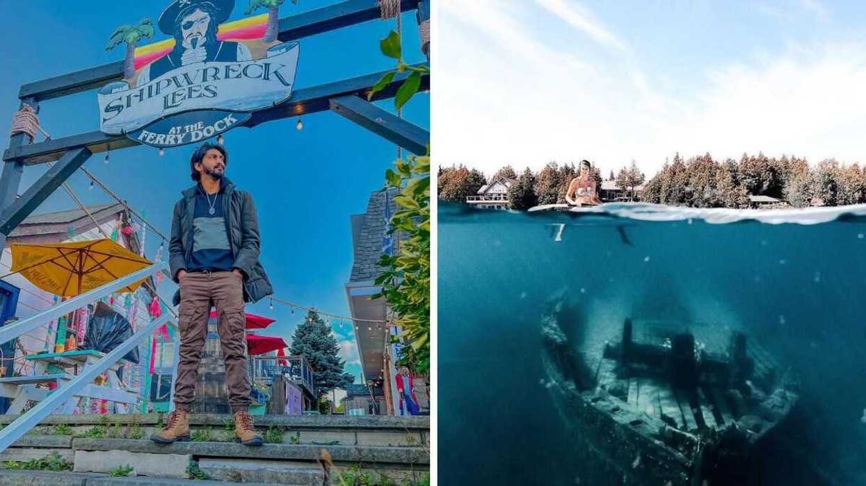 A person standing under a restaurant sign. Right: A person floating over a shipwreck.
