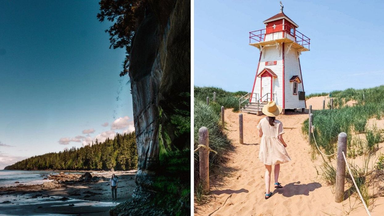 A person standing under a waterfall on a beach. Right: Person walking on a sandy beach toward a lighthouse.