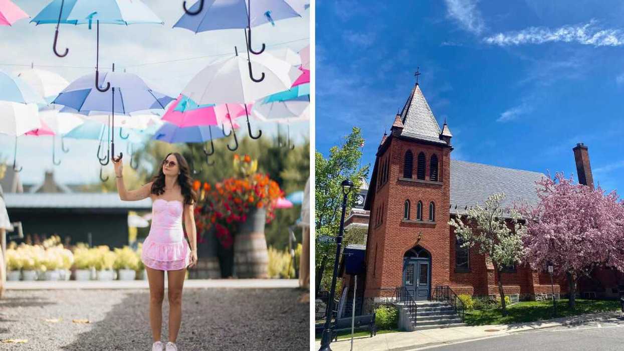 A person standing under colourful umbrellas. Right: A building with cherry blossom trees.