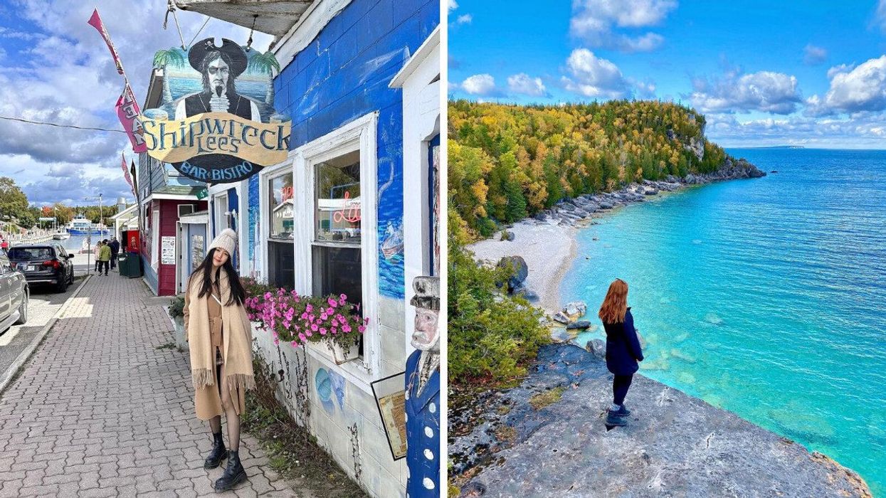 A person standing undre a pirate-themed sign. Right: A person looking over turquoise waters.