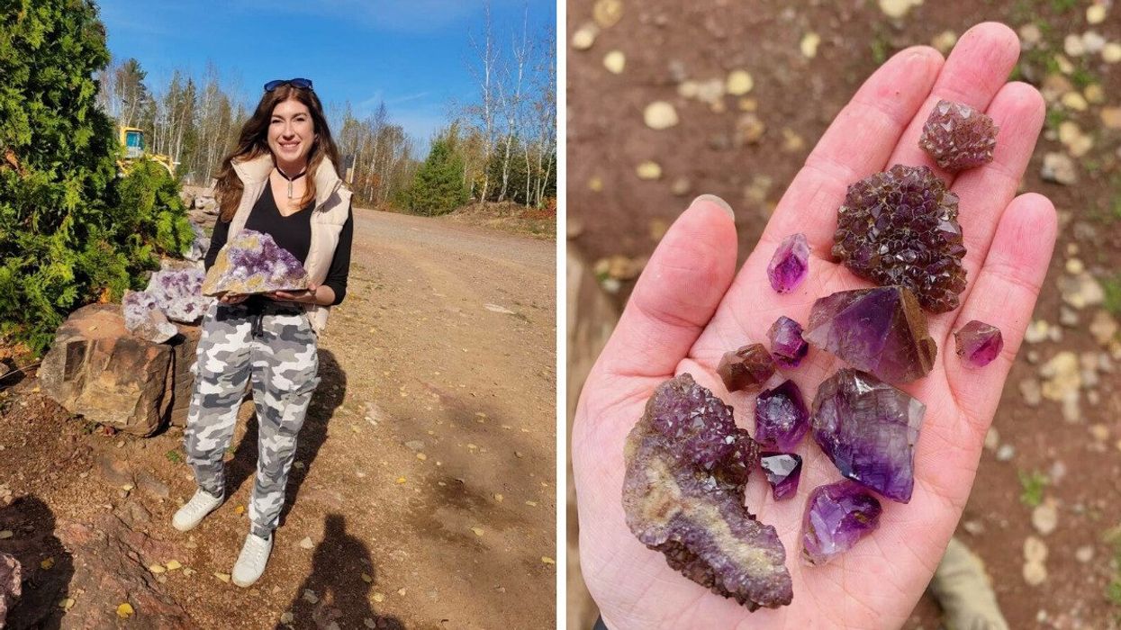 A person standing with an amethyst. Right: A hand holding amethyst.