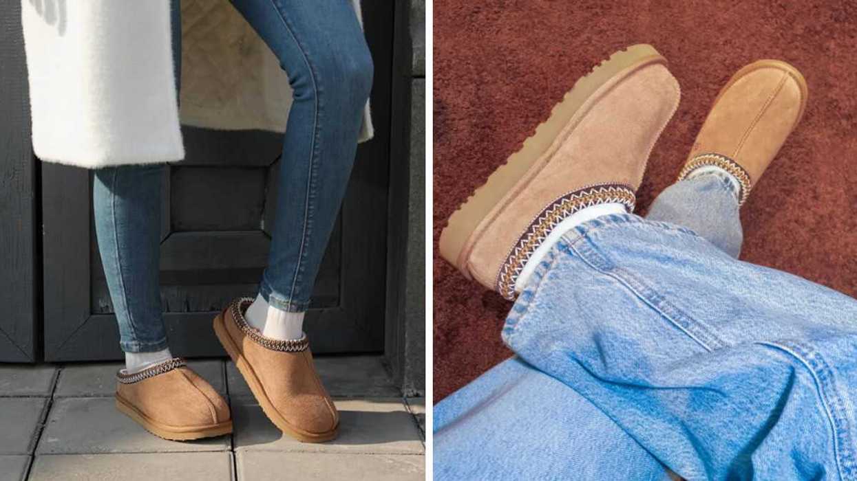 A person standing with UGG Tasman boot dupes. Right: UGG Tasman slippers.