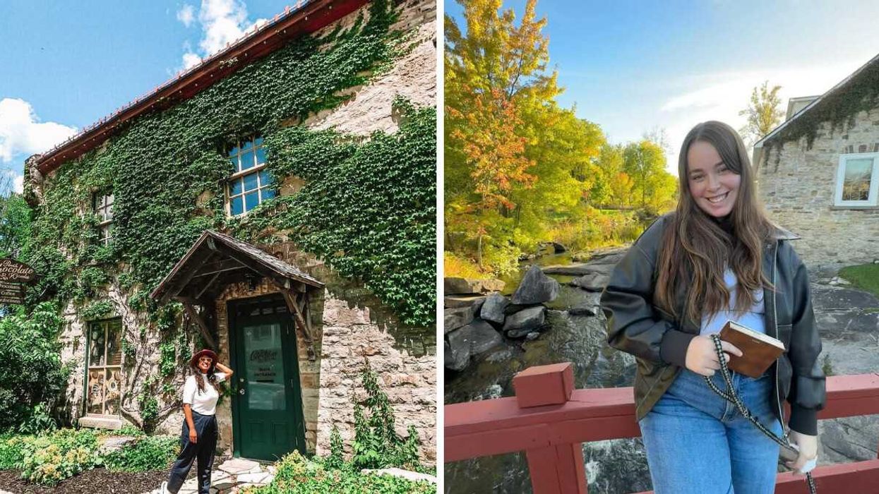 A person standinng by a vine-covered building. Right: A person standing on a bridge.