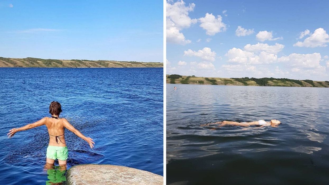 A person stands at a lake in Canada. Right: A person floats in a lake.