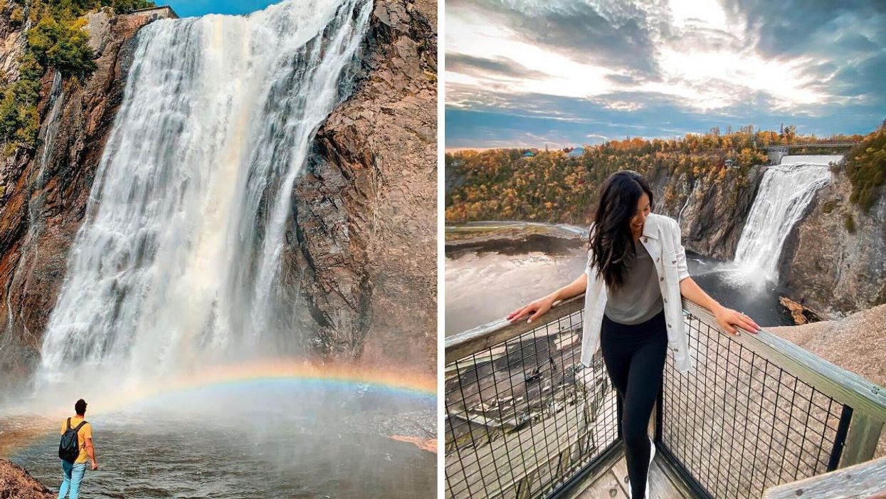 A person stands at the base of Montmorency Falls in Quebec. Right: A person stands at a lookout point overlooking the falls.