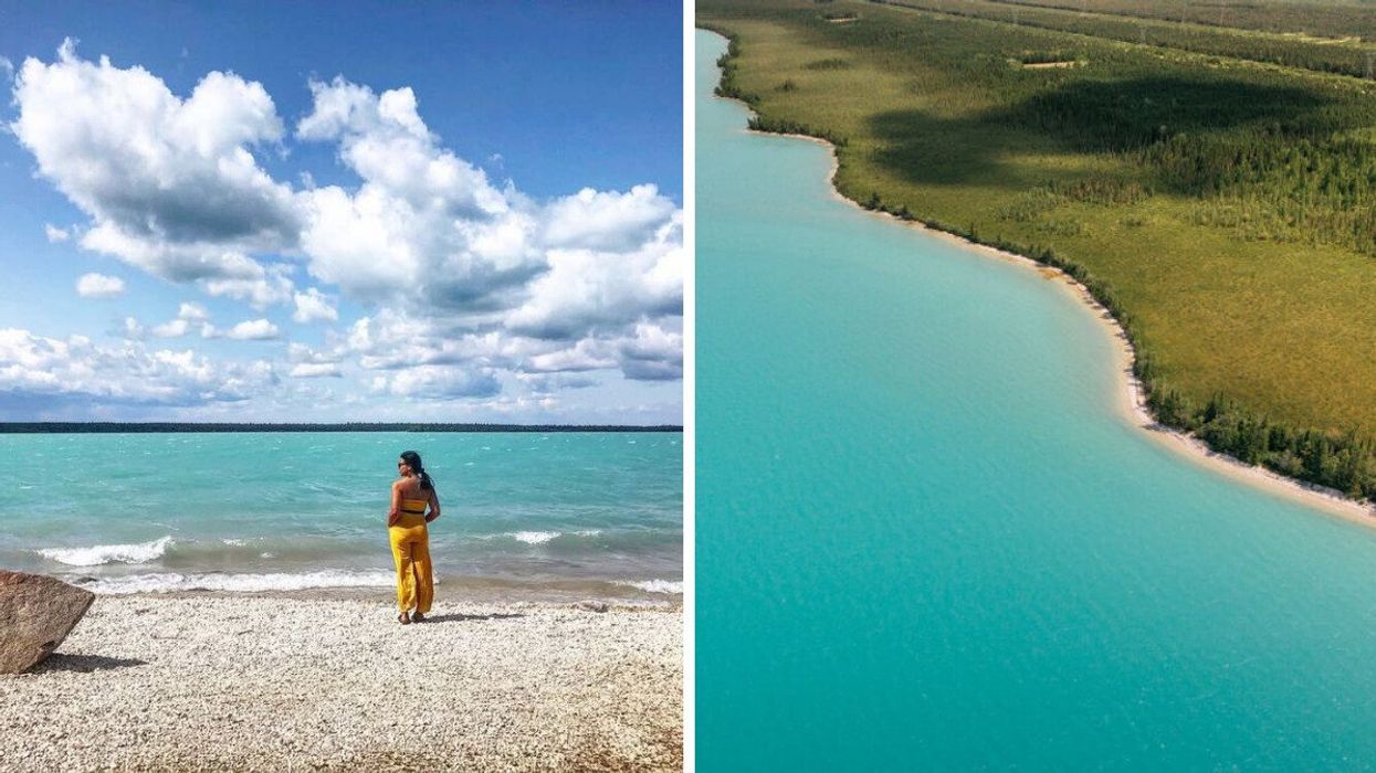 A person stands at the shore of a blue lake. Right: A turquoise lake is seen from above.
