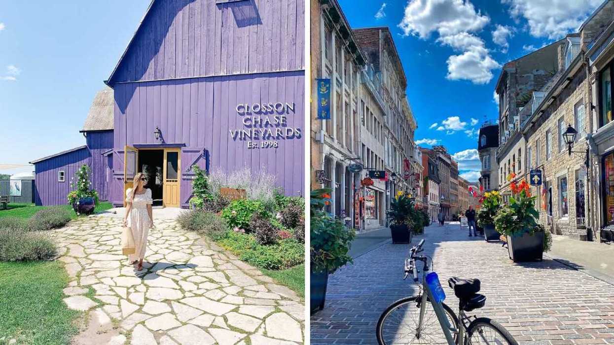 A person stands by a barn at a vineyard in Ontario. Right: A street in Montreal.
