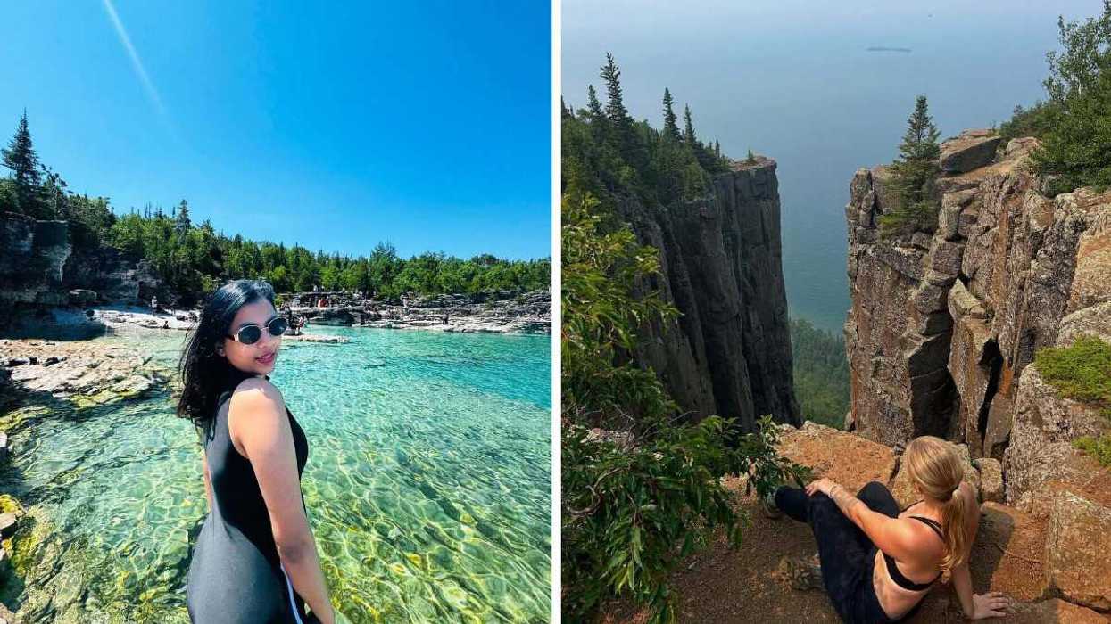 A person stands by a blue lake in Canada. Right: A person sits by a towering cliff in Canada.