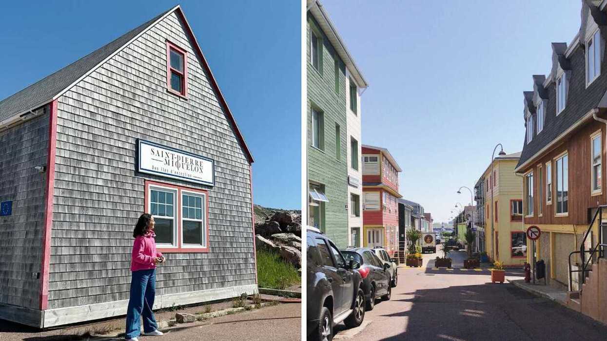 A person stands by a building on an island near Canada. Right: A street on an island near Canada.