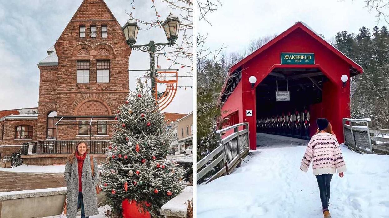 A person stands by a Christmas tree in a small town in Ontario. Right: A covered bridge in a small town near Ottawa. 