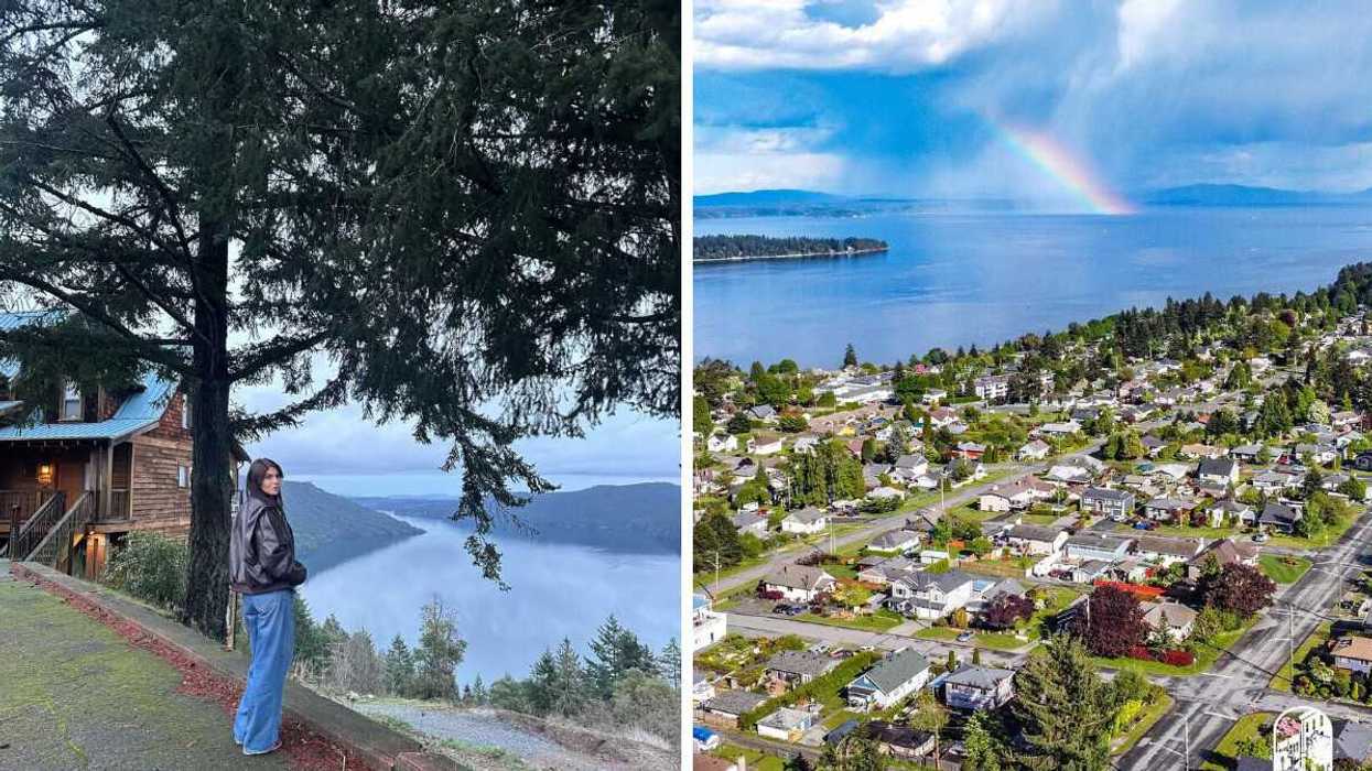 A person stands by a cliff overlooking the water in a small town in B.C. Right: An aerial view of a small town in B.C.