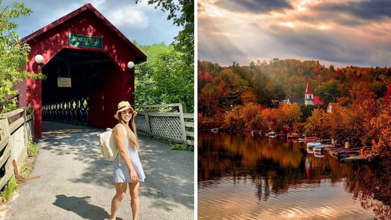 A person stands by a covered bridge. Right: A village near Ottawa.