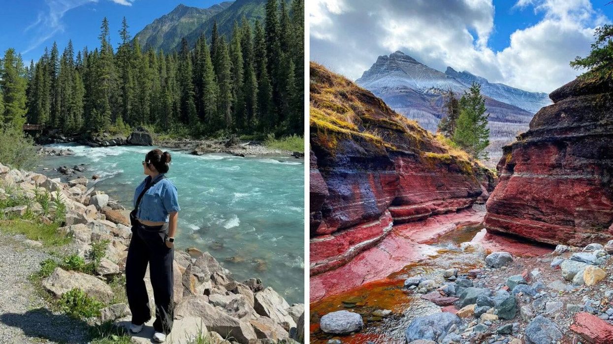 A person stands by a river in a Canadian national park. Right: A red-rock canyon in a national park in Canada.