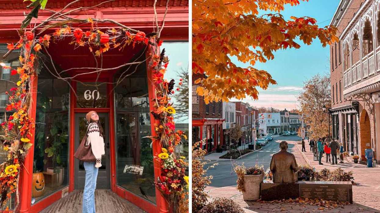 A person stands by a store in a small town near Ottawa. Right: Fall colours in a small town near Ottawa.