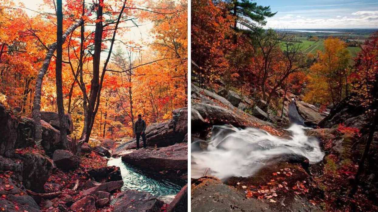 A person stands by a stream on a hike near Ottawa. Right: A waterfall on a trail at a park near Ottawa.