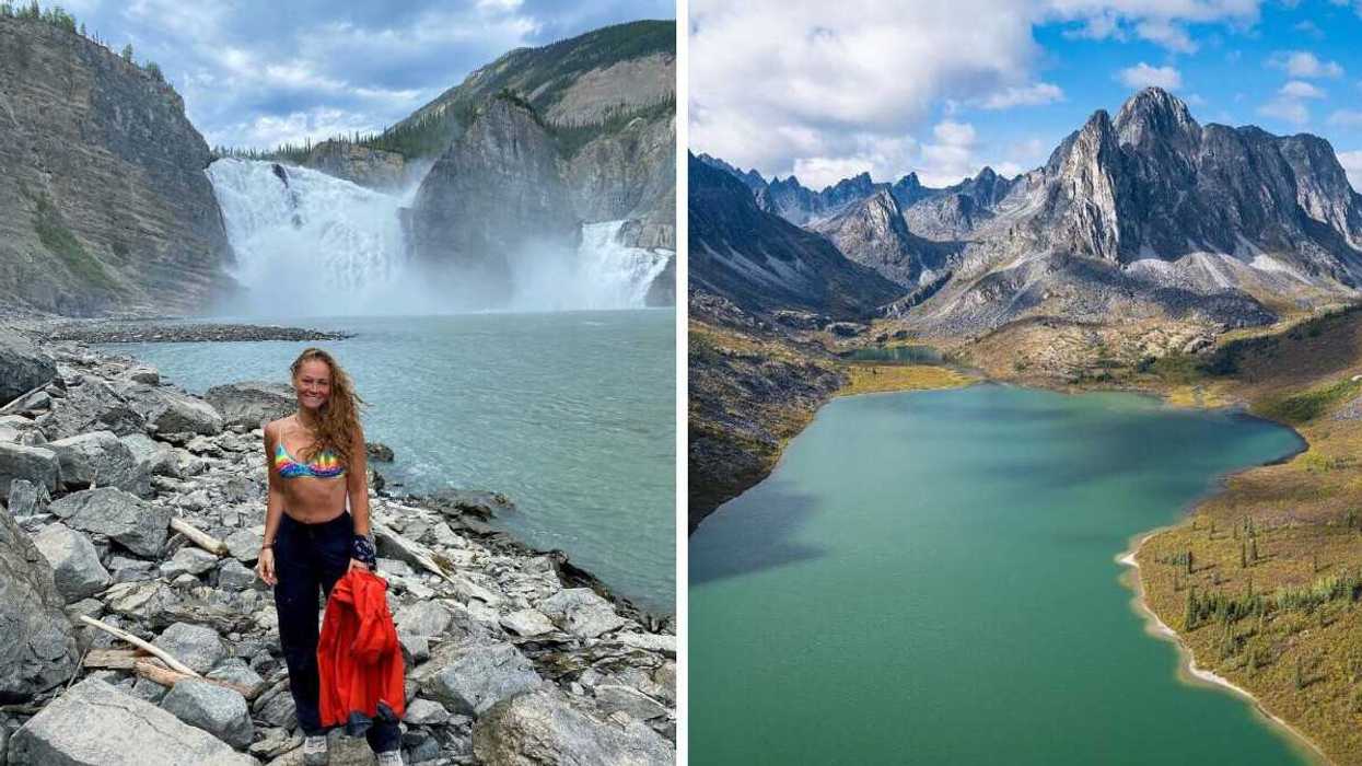 A person stands by a waterfall at a Canadian national park. Right: A lake surrounded by mountains at a national park in Canada.