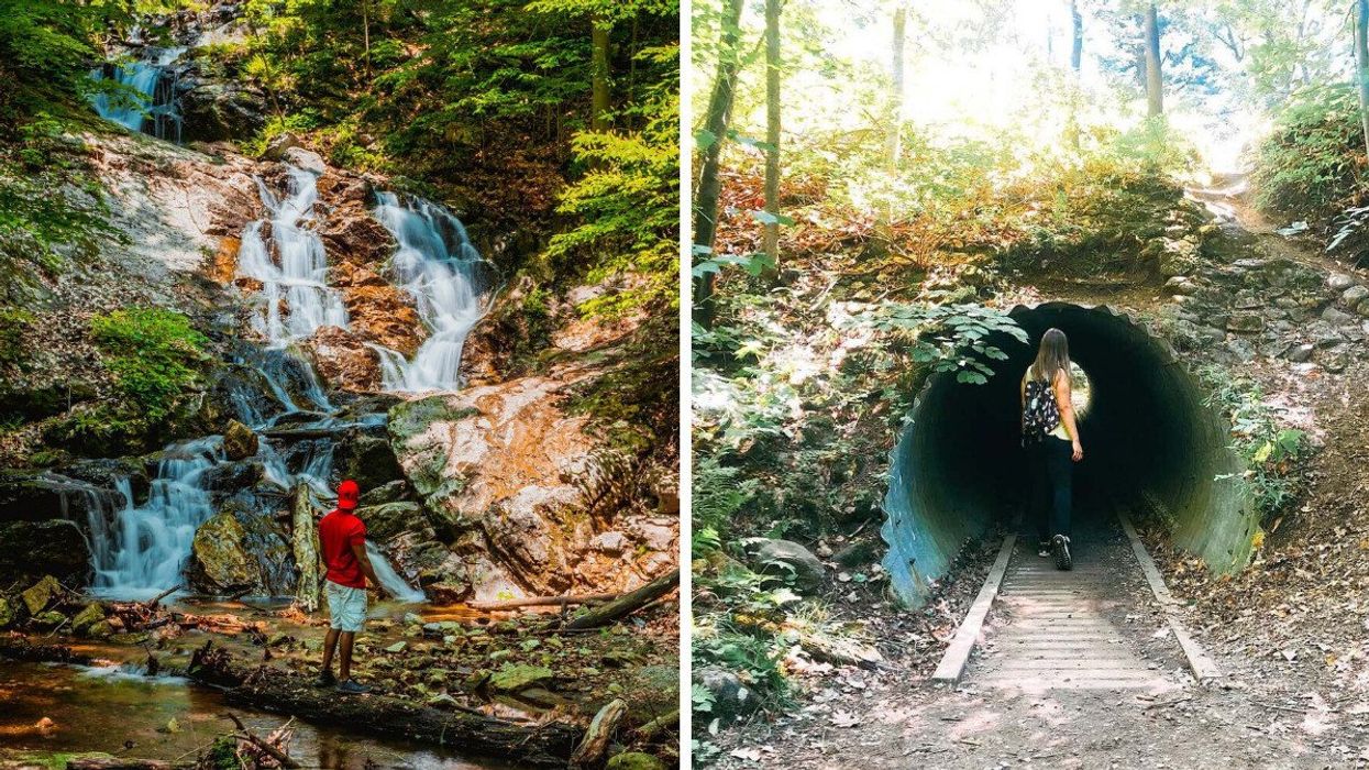A person stands by a waterfall at a park near Ottawa. Right: A person on a trail near Ottawa.