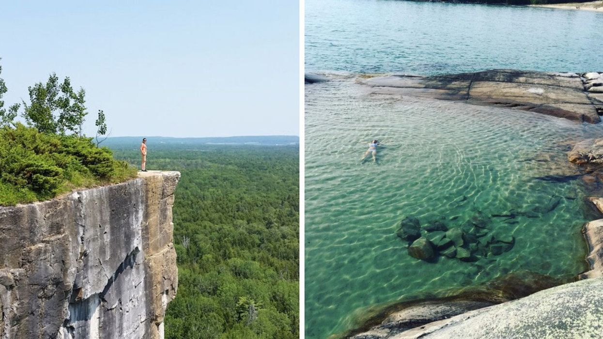 A person stands by the edge of a cliff overlooking a valley. Right: A person swims at a provincial park in Ontario.