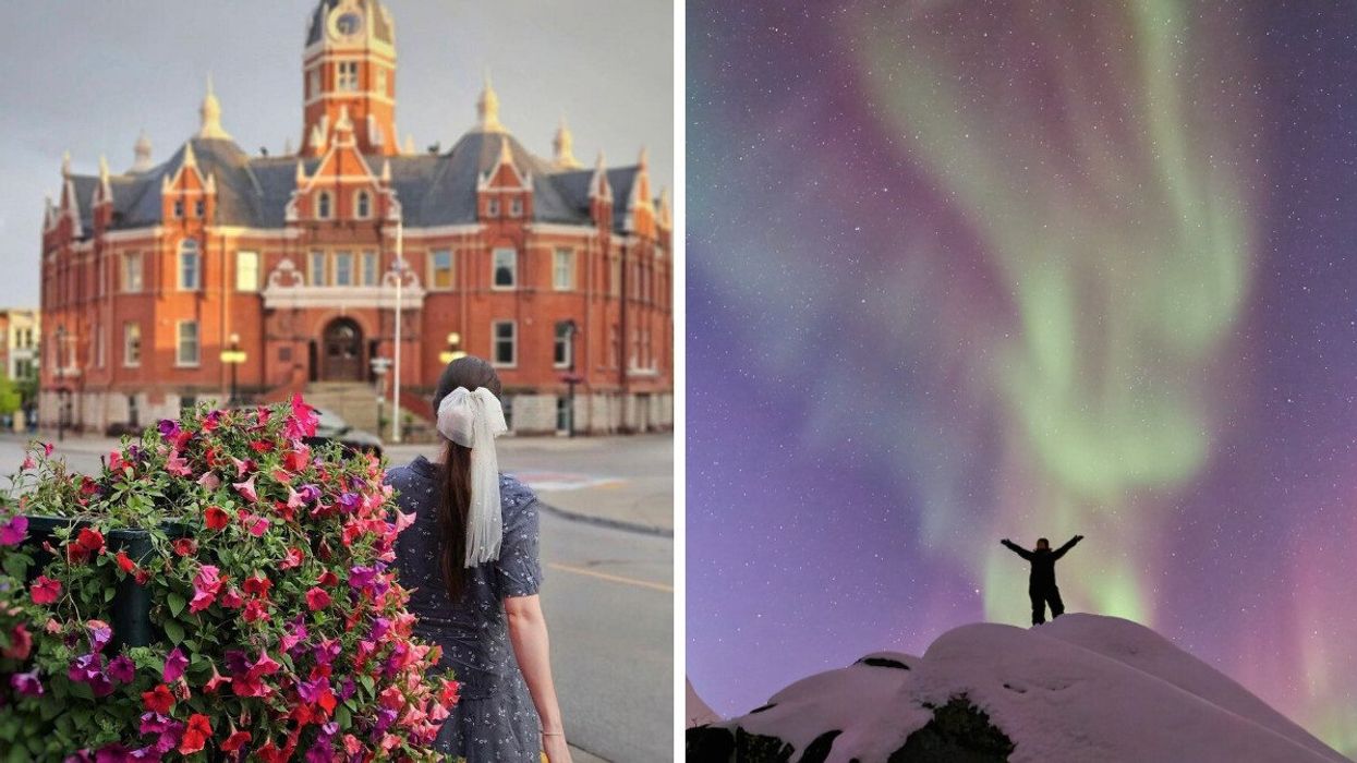 A person stands facing a building in Stratford, Ontario. Right: A person stands on a hill under the northern lights.